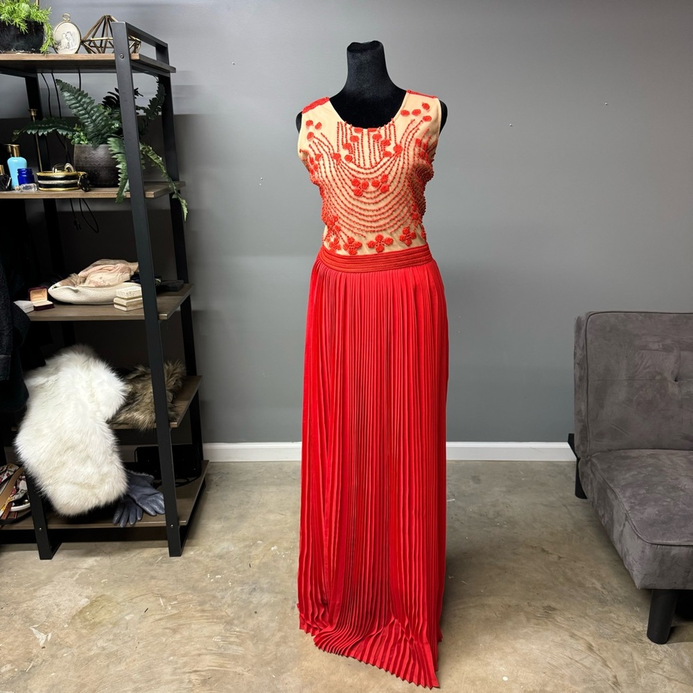 Rina Dhaka Anthropologie red beige pleated embroidered maxi dress womens 14